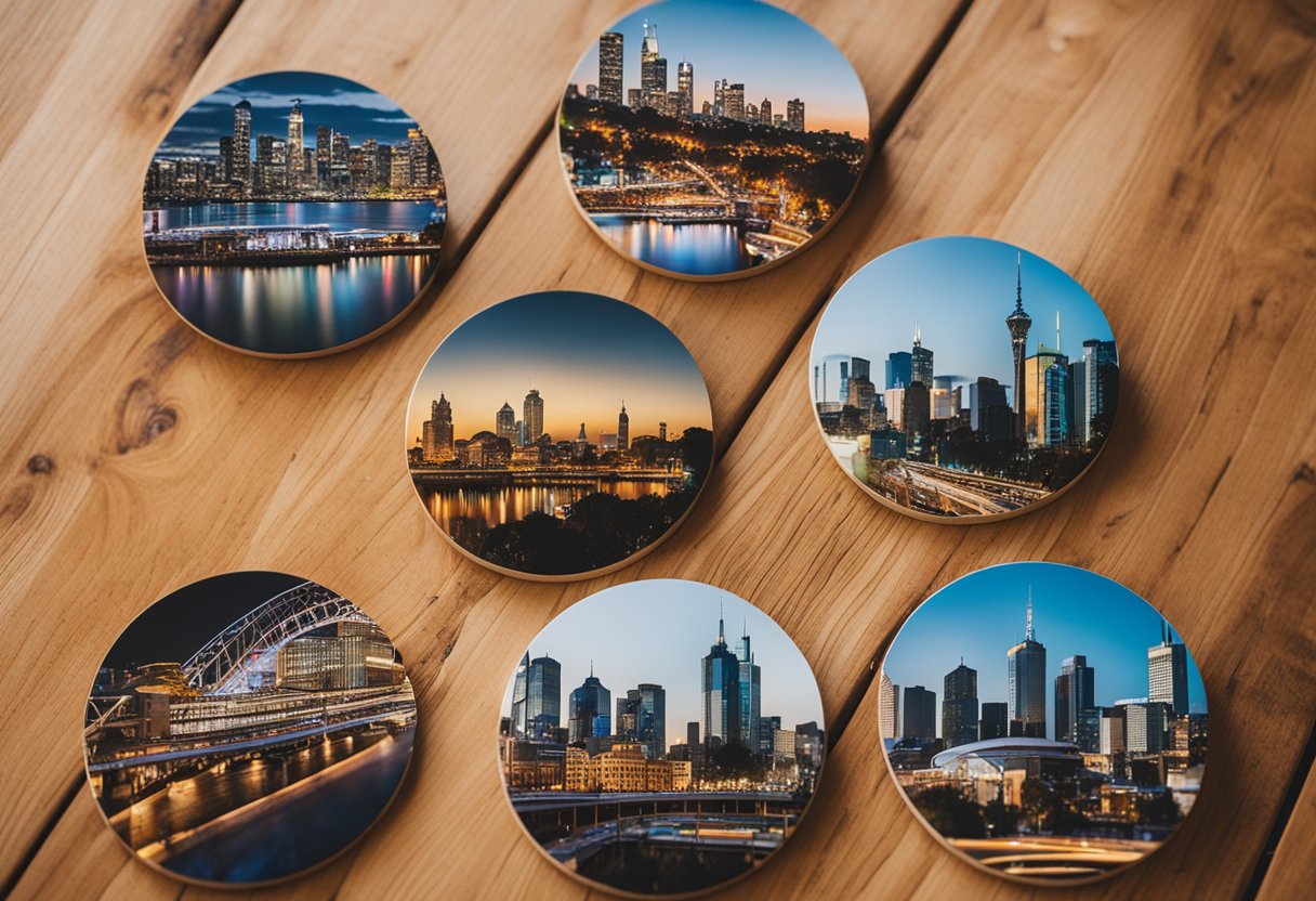 A collection of Indigenous art coasters arranged on a wooden table with a backdrop of Melbourne landmarks