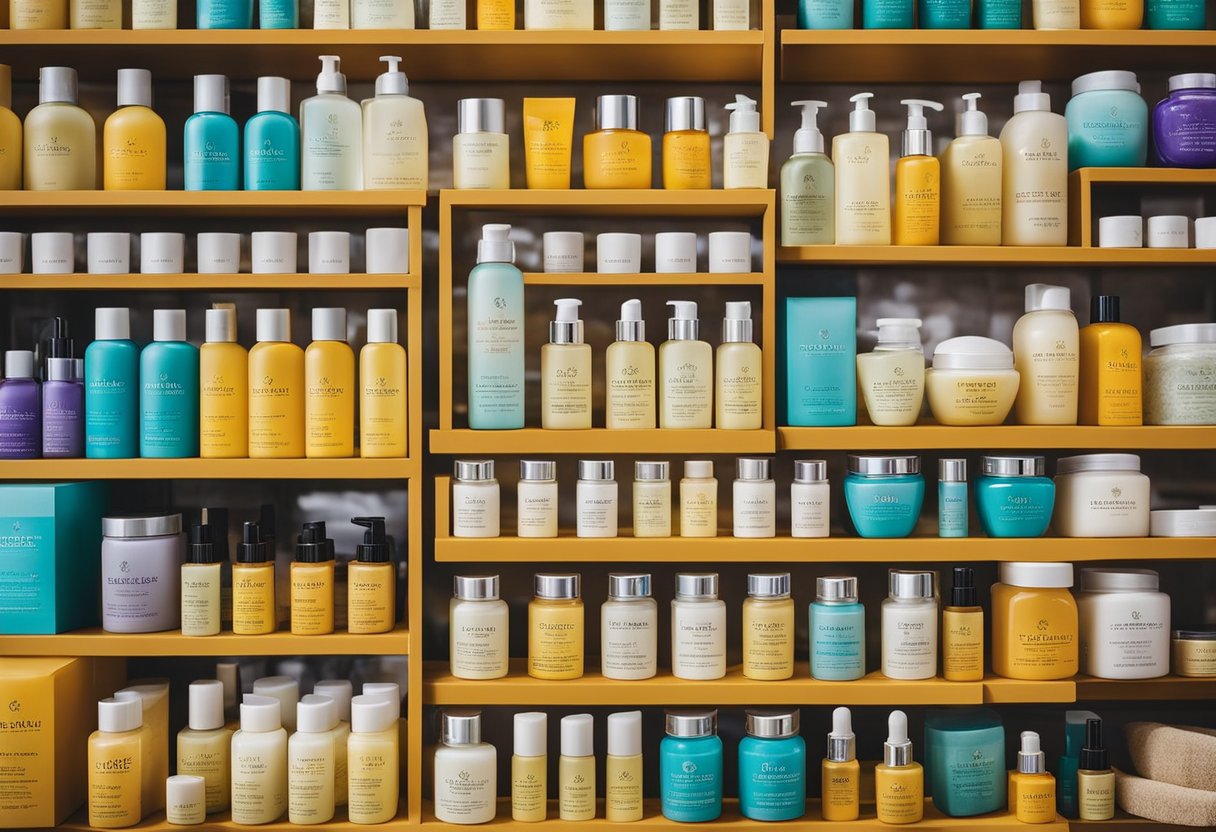 A vibrant display of Emu oil skincare products arranged in a souvenir shop in Perth