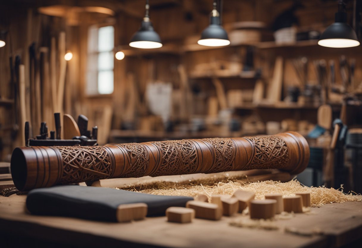 A Didgeridoo being handcrafted in a workshop, surrounded by tools and wood shavings