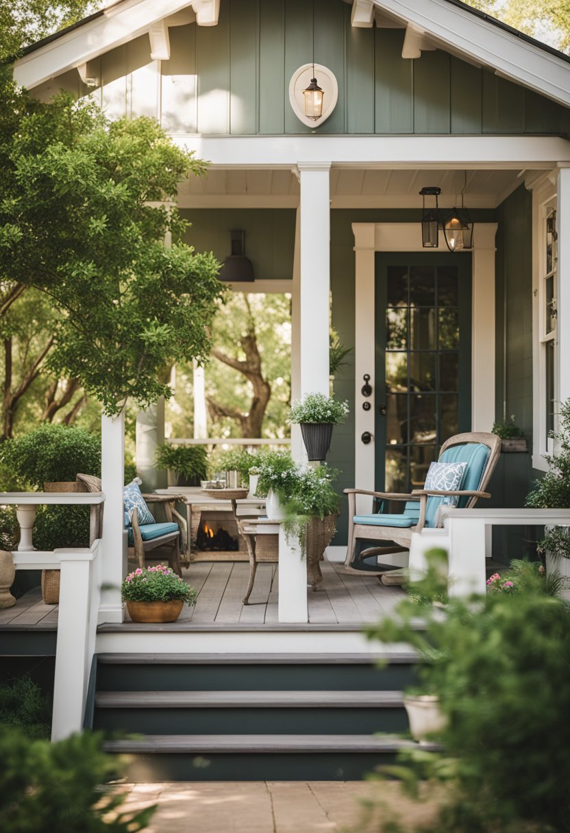 A charming vacation rental nestled among lush greenery near Magnolia Market in Waco, with a cozy porch and inviting outdoor seating area