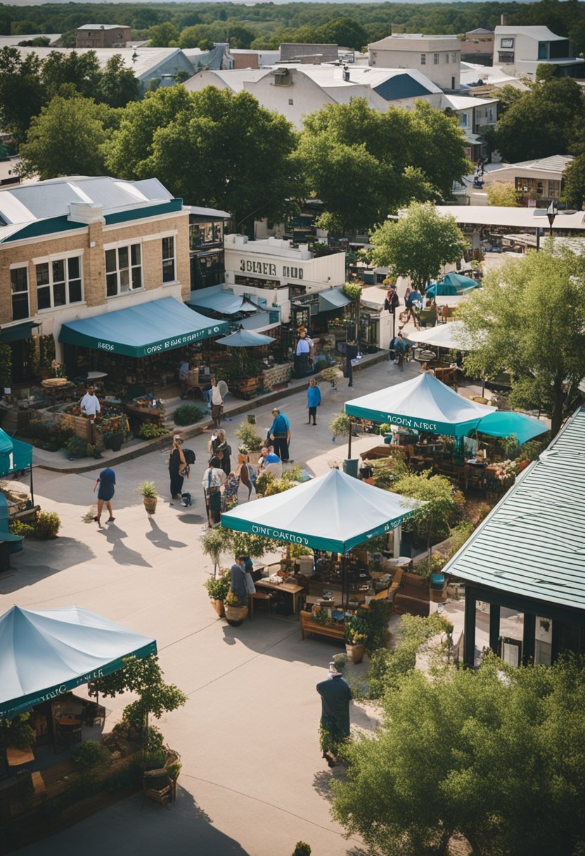 A bustling market square surrounded by charming vacation rentals in Waco, with visitors exploring and enjoying the vibrant atmosphere