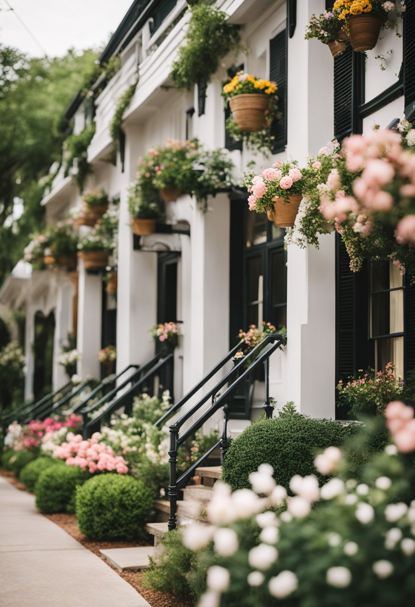 A quaint row of vacation rentals nestled near Magnolia Market, surrounded by lush greenery and blooming flowers