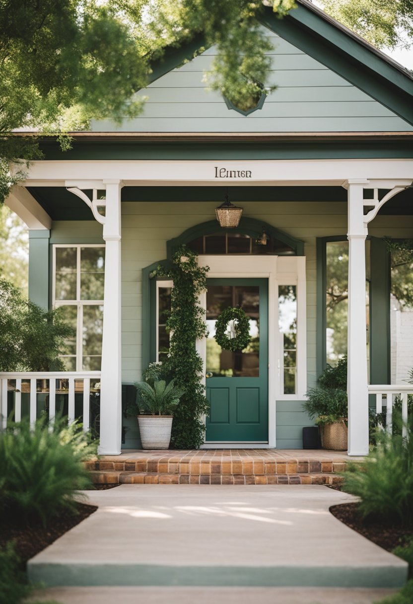 A cozy vacation rental nestled among lush greenery near Magnolia Market in Waco, with a charming front porch and a welcoming atmosphere