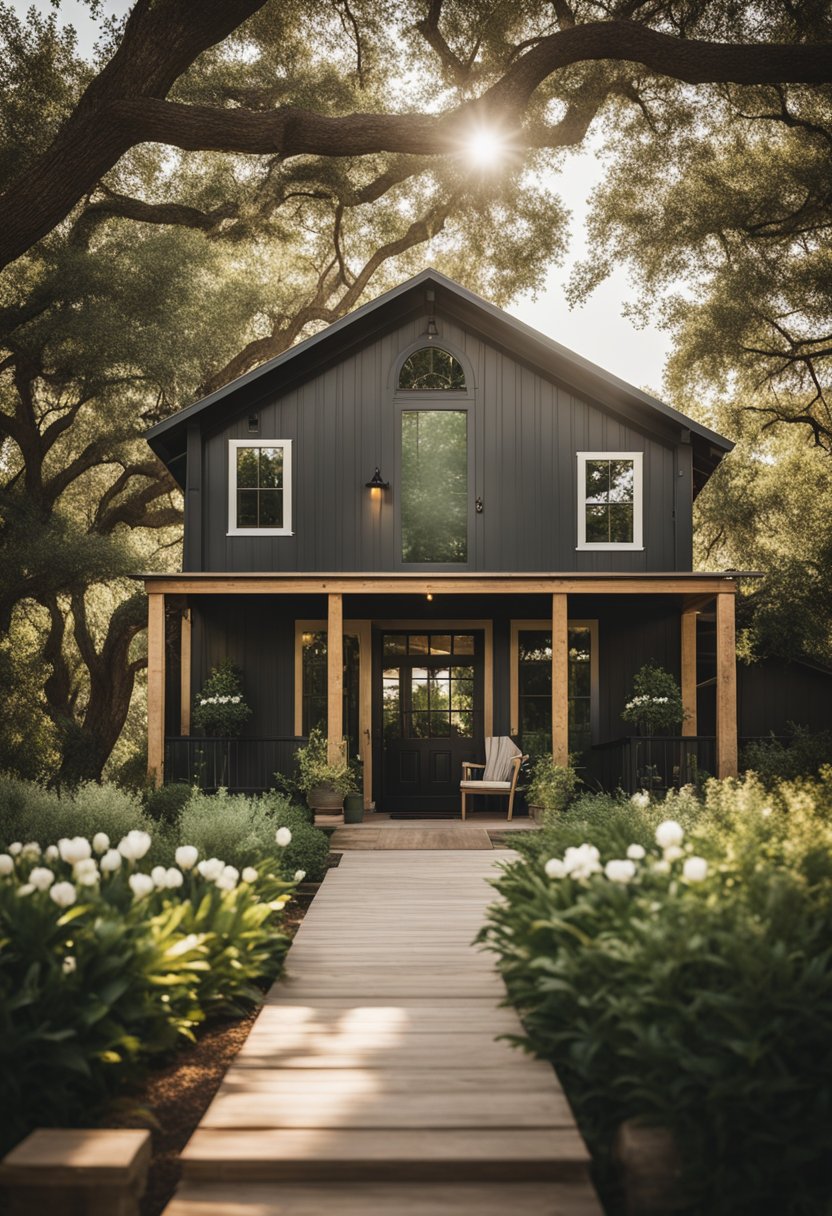 A cozy vacation rental nestled among lush greenery with a view of Magnolia Market in Waco. Sunshine filters through the trees, casting dappled shadows on the charming exterior