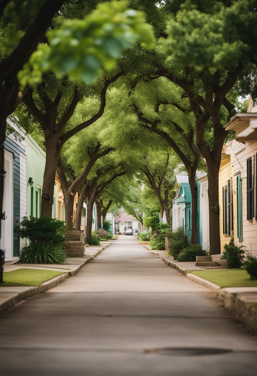 A quaint street lined with colorful vacation rentals near the bustling Magnolia Market in Waco, Texas. Lush greenery and charming architecture create a welcoming atmosphere for travelers