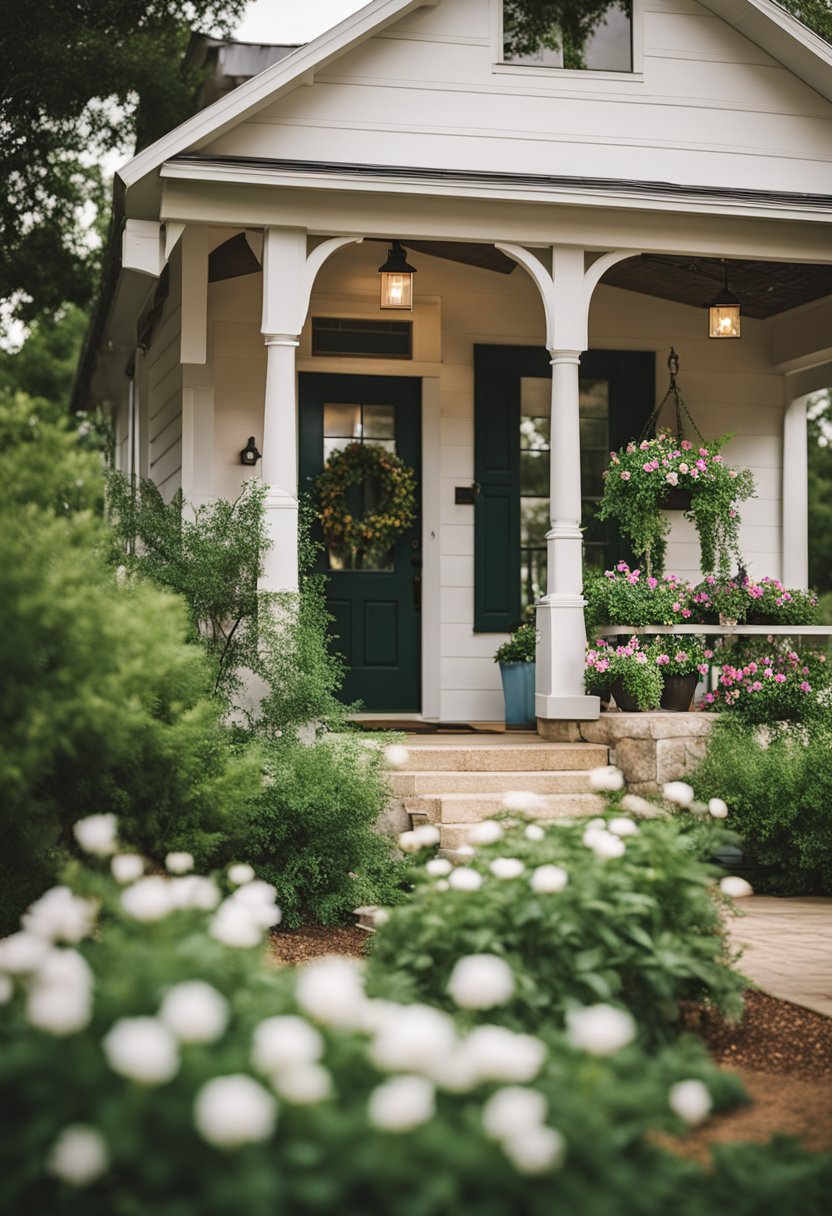 A cozy vacation rental nestled among lush greenery near Magnolia Market in Waco, Texas, with a charming front porch and blooming flower garden