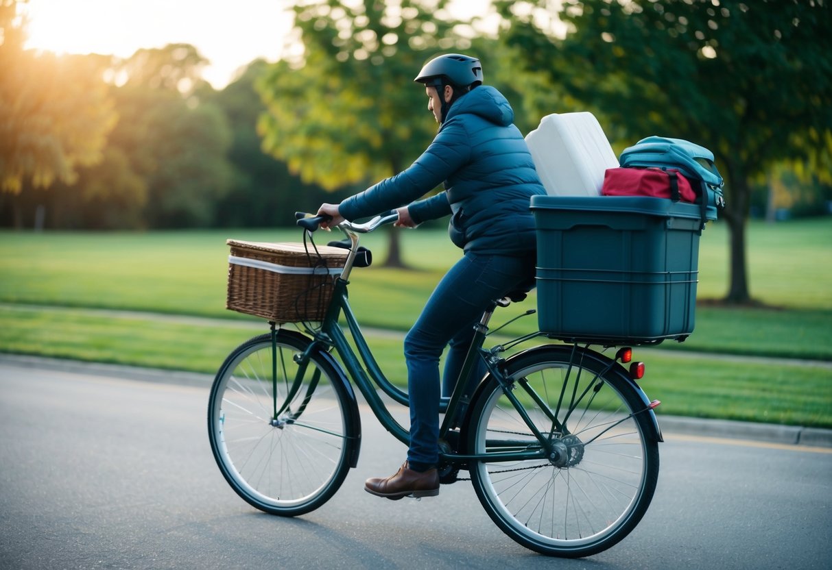 En person lastar sina tillhörigheter på en cykel med en stor lastkorg, redo att flytta till en ny plats.