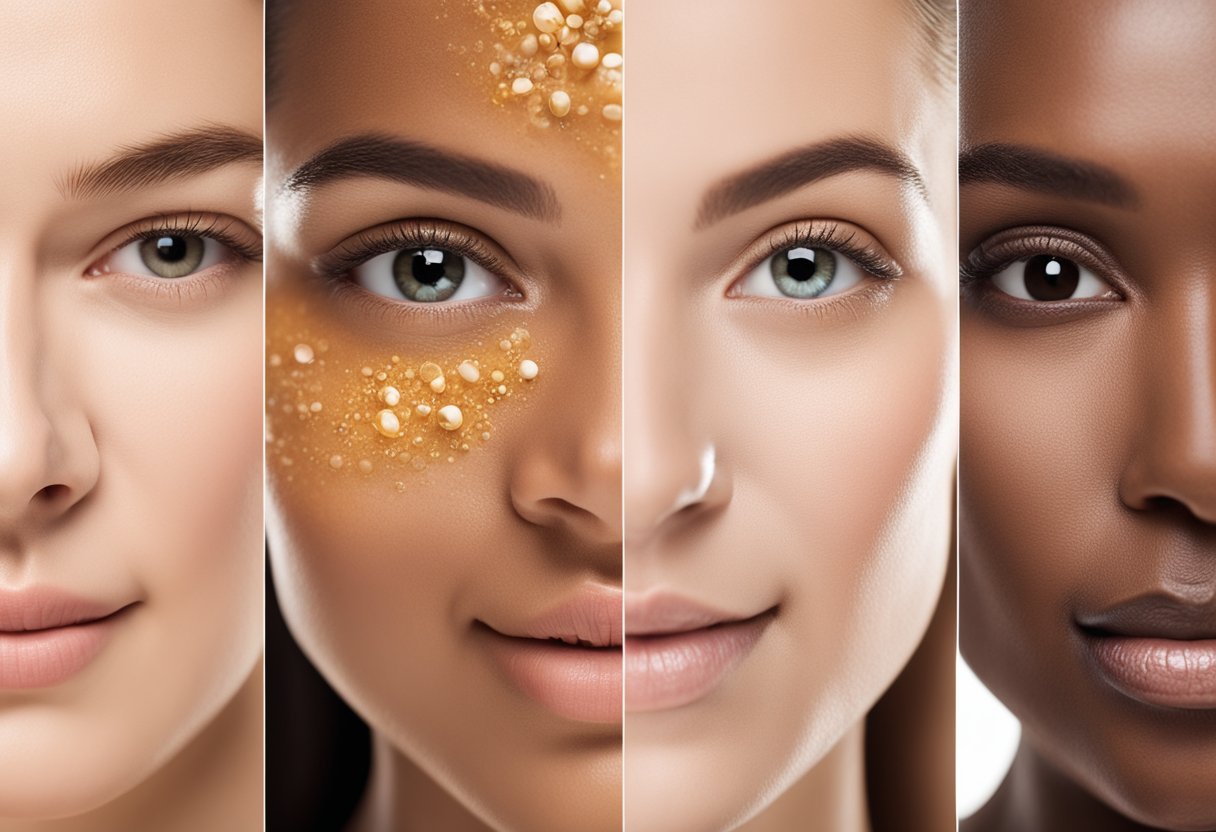 A variety of skin types (oily, dry, combination) with common skincare mistakes (over-exfoliation, using harsh products) and their solutions