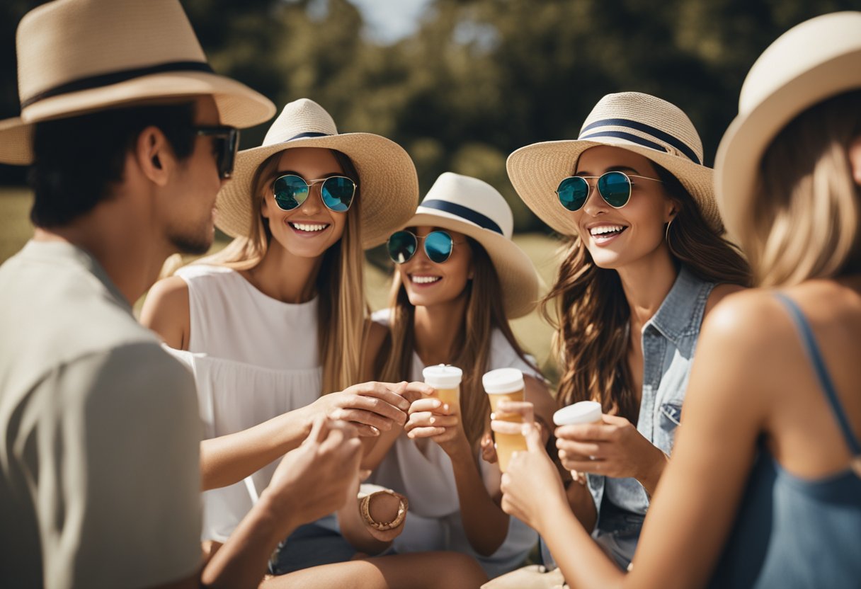 A group of people enjoying outdoor activities while wearing wide-brimmed hats, sunglasses, and applying sunscreen to their exposed skin