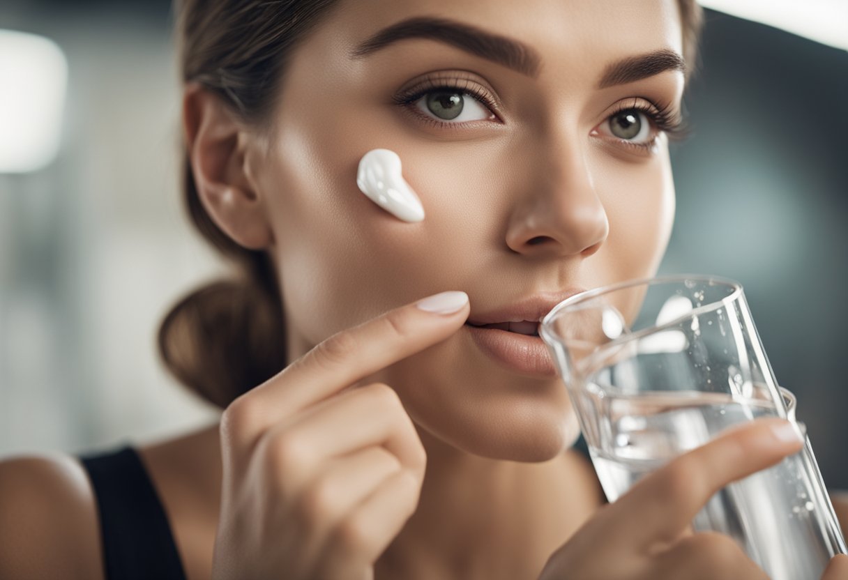 A woman applies moisturizer and drinks water, avoiding skincare mistakes