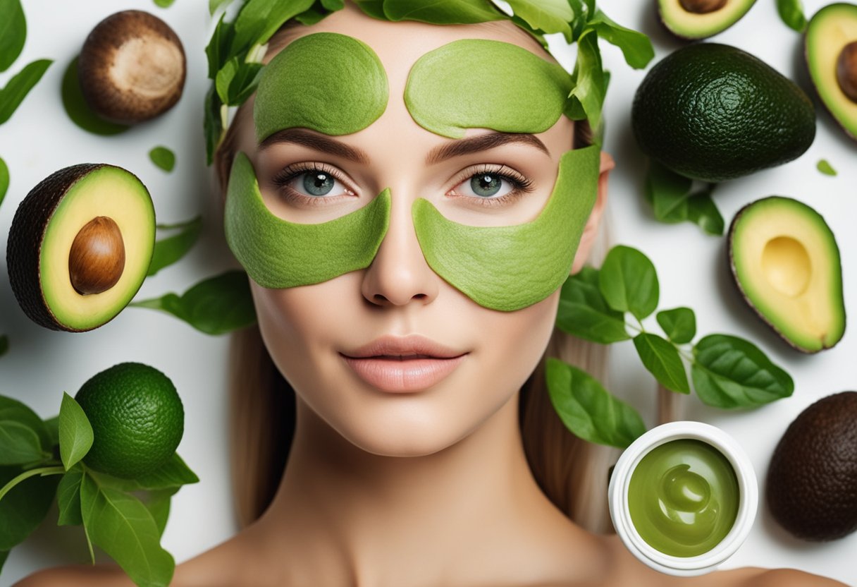 A clear, radiant skin surrounded by niacinamide-rich ingredients, such as avocados, mushrooms, and green leafy vegetables