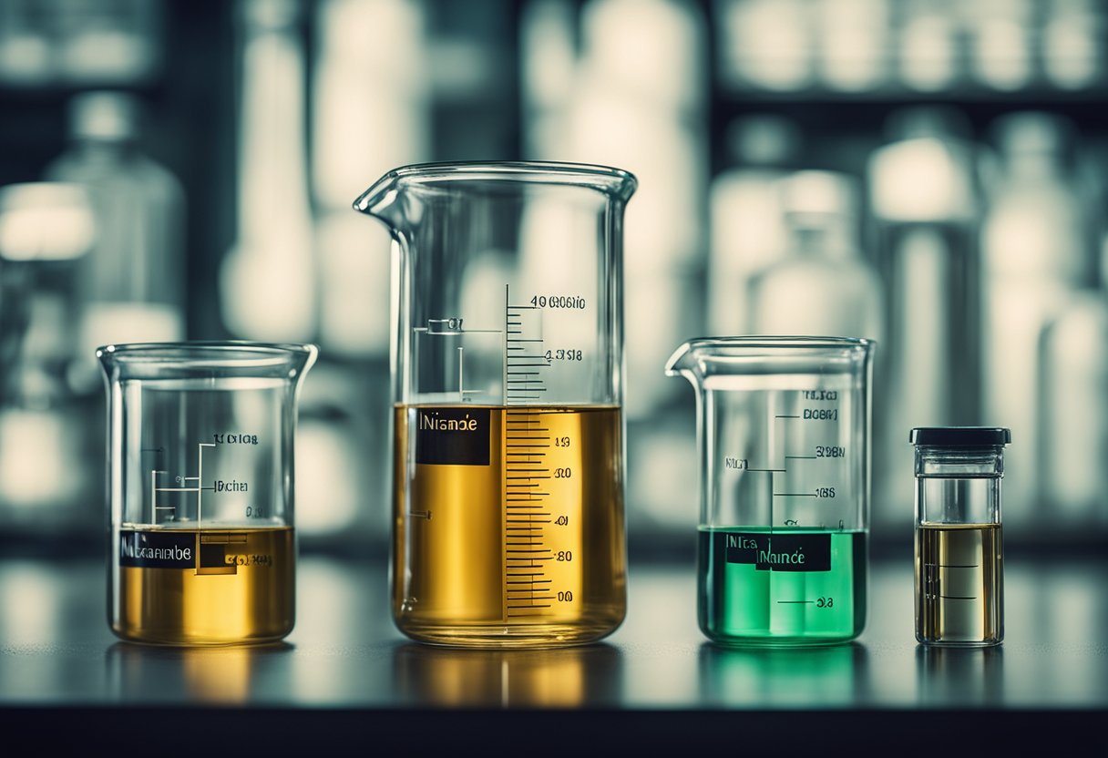 A clear glass beaker filled with a transparent liquid, surrounded by scientific equipment and vials labeled "Niacinamide" and "Skin Health."