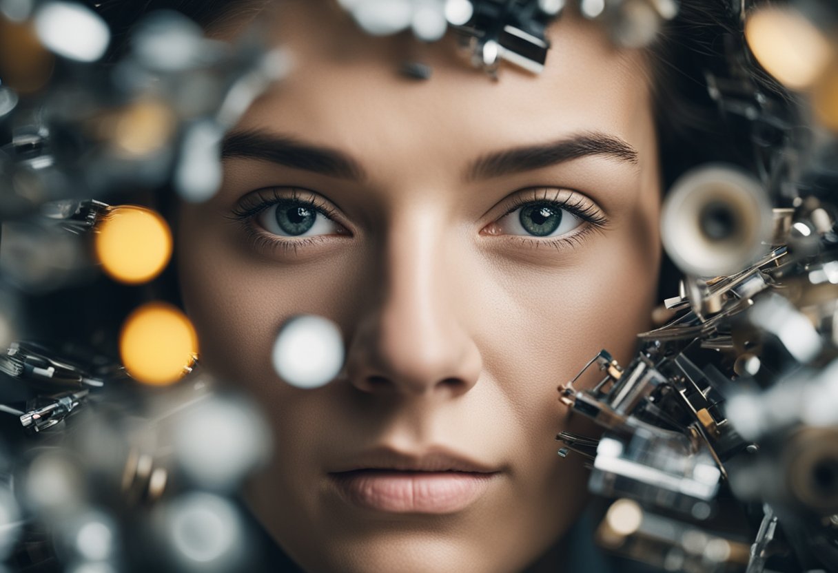 A close-up of a stressed-out face with acne breakouts, surrounded by clutter and chaos, contrasting with a calm, organized environment