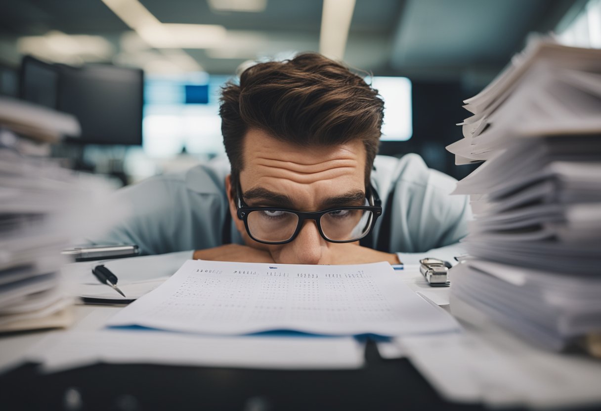 A close-up of a stressed-out face with acne breakouts, surrounded by cluttered work desk and a calendar marked with deadlines