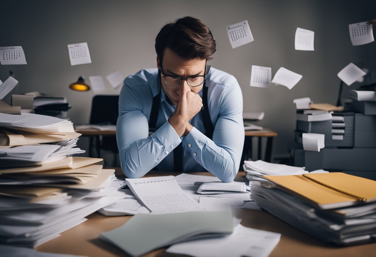 A person with acne-prone skin looking stressed while surrounded by piles of work and a calendar with looming deadlines