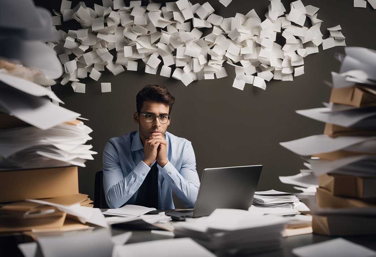 A person sitting at a desk with a laptop and a pile of papers, looking stressed and overwhelmed. A mirror on the wall shows acne breakouts on their face