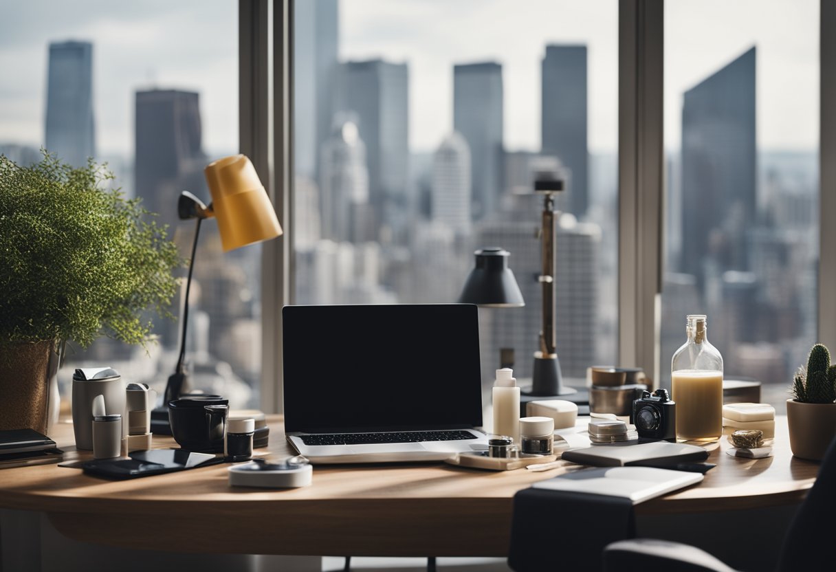 A cluttered desk with a laptop, skincare products, and a stress ball. A person sitting with a tense expression, surrounded by busy cityscape outside the window