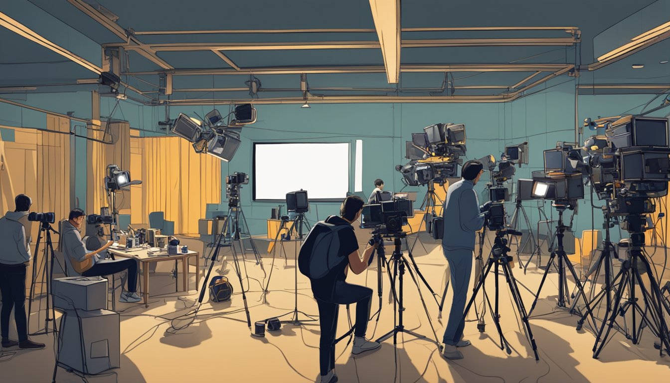 Et travelt filmsett med kameraer, lys og crew-medlemmer som jobber med en reklameinnspilling