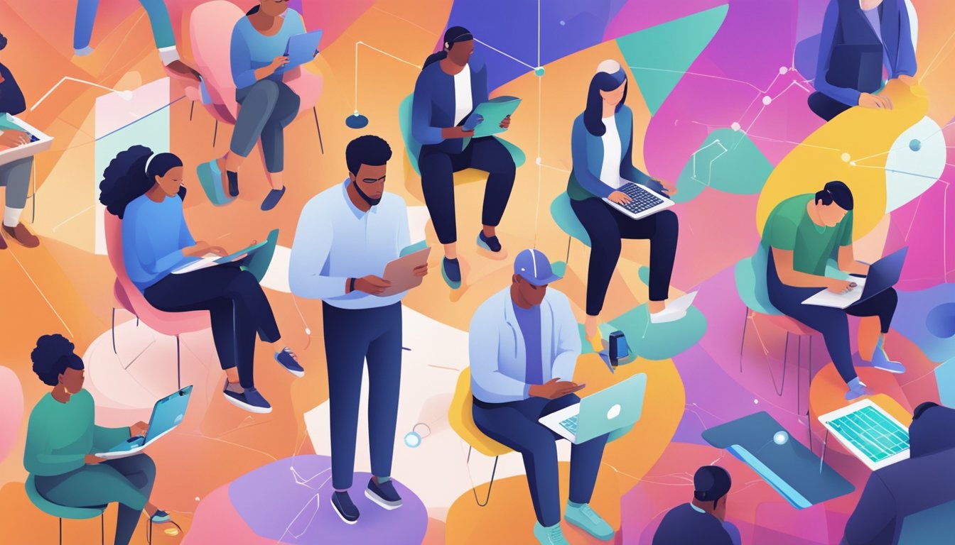 En gruppe mangfoldige individer engasjerer seg med digitale enheter mens fargerike datapatterner svirrer rundt dem
