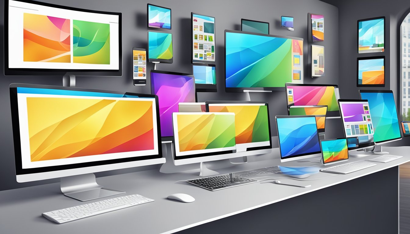 Et fargerikt utvalg av digitale enheter og skjermer som viser ulike annonser i en moderne setting