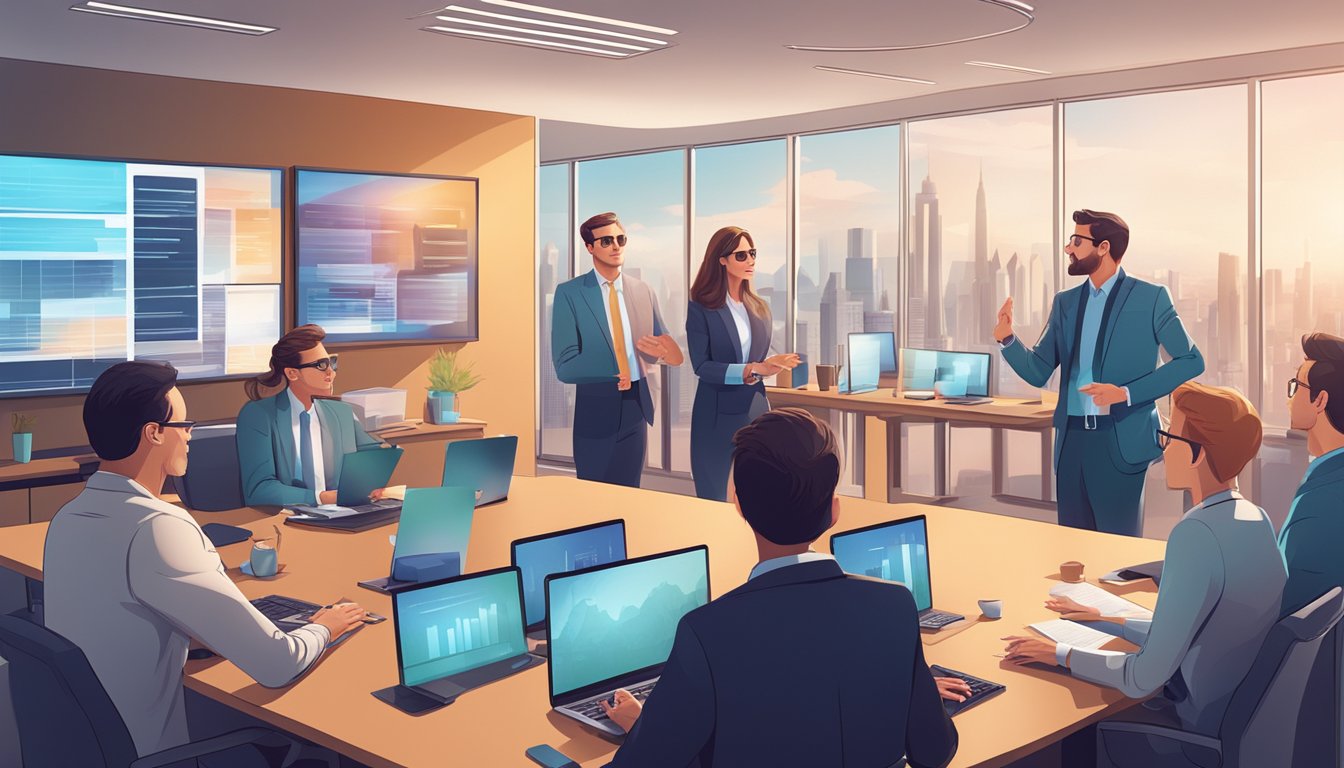 En gruppe mennesker som diskuterer juridiske og personvernaspekter mens de ser på reklamefilmer i et moderne kontormiljø.