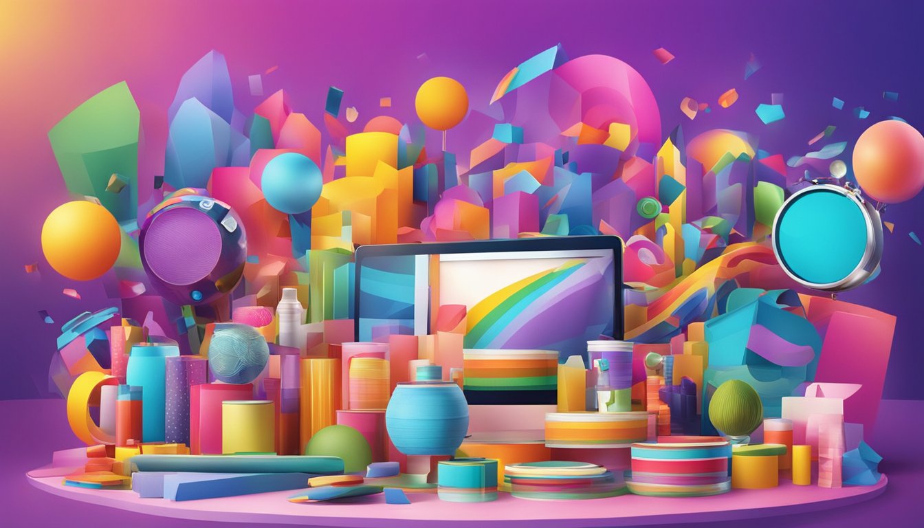 En fargerik og dynamisk scene med ulike reklameartikler som blir kreativt designet og filmet
