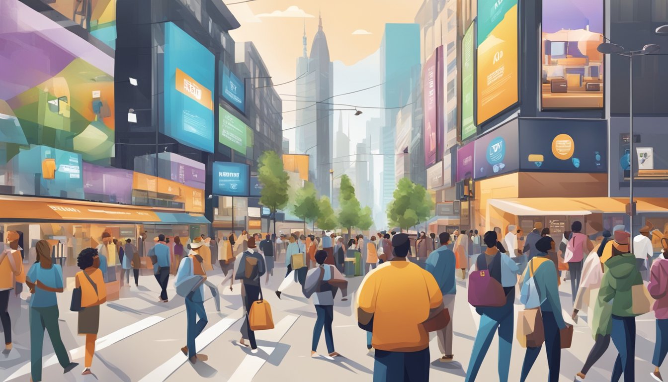En travel bygate med mangfoldige mennesker som interagerer og engasjerer seg med ulike reklameplakater og billboarder.
