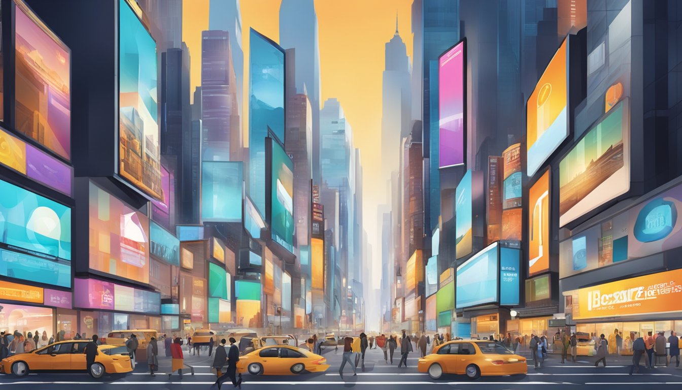 En travel bygate med fargerike reklameskilt og skjermer som viser ulike ikoniske reklamekampanjer