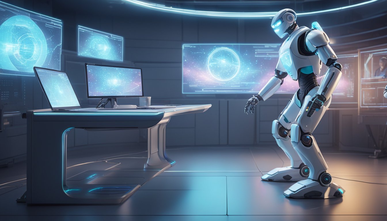 En futuristisk robot som lager en holografisk annonse i et høyteknologisk studio