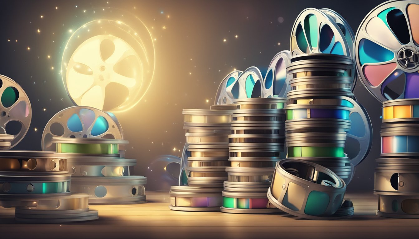 En stabel med spørsmålstegn omringet av filmruller og spotlight