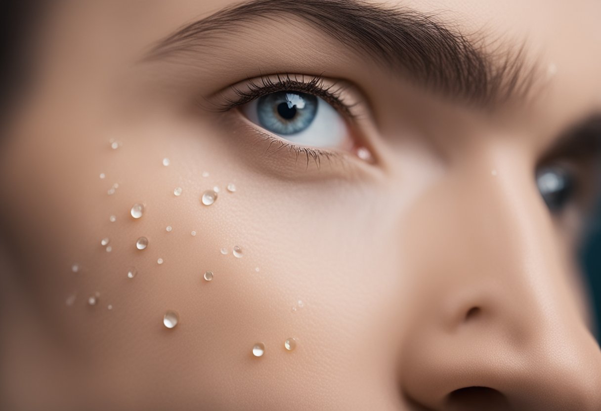 A close-up of a clean, unblemished face surrounded by various triggers for acne, such as stress, diet, and hormones