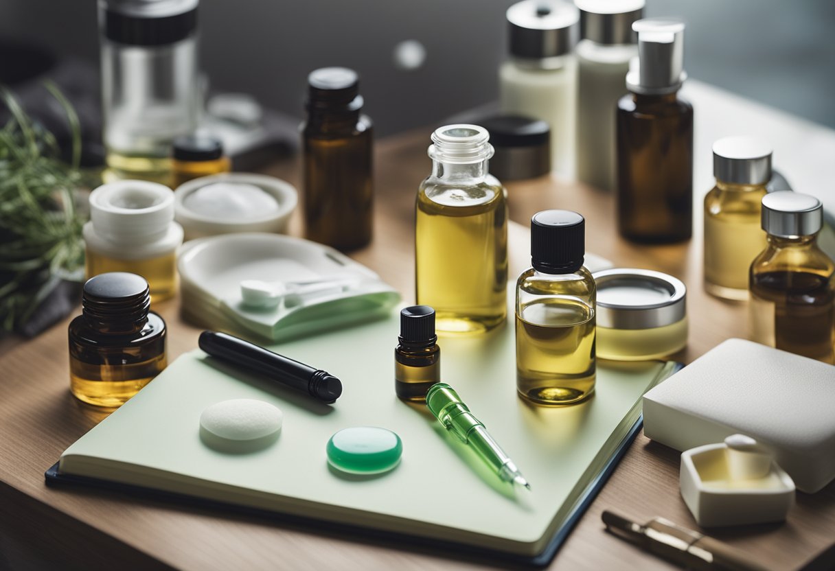 A laboratory table with various skincare ingredients and tools laid out, including bottles of salicylic acid, tea tree oil, and benzoyl peroxide, along with a notebook and pen for jotting down notes