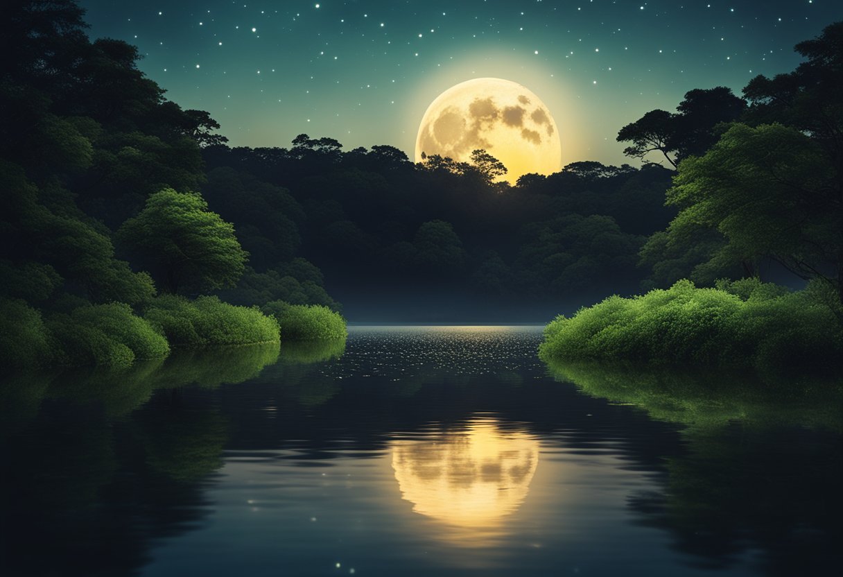 A serene nighttime scene with a glowing moon and twinkling stars, surrounded by lush greenery and calm water, evoking a sense of tranquility and rejuvenation