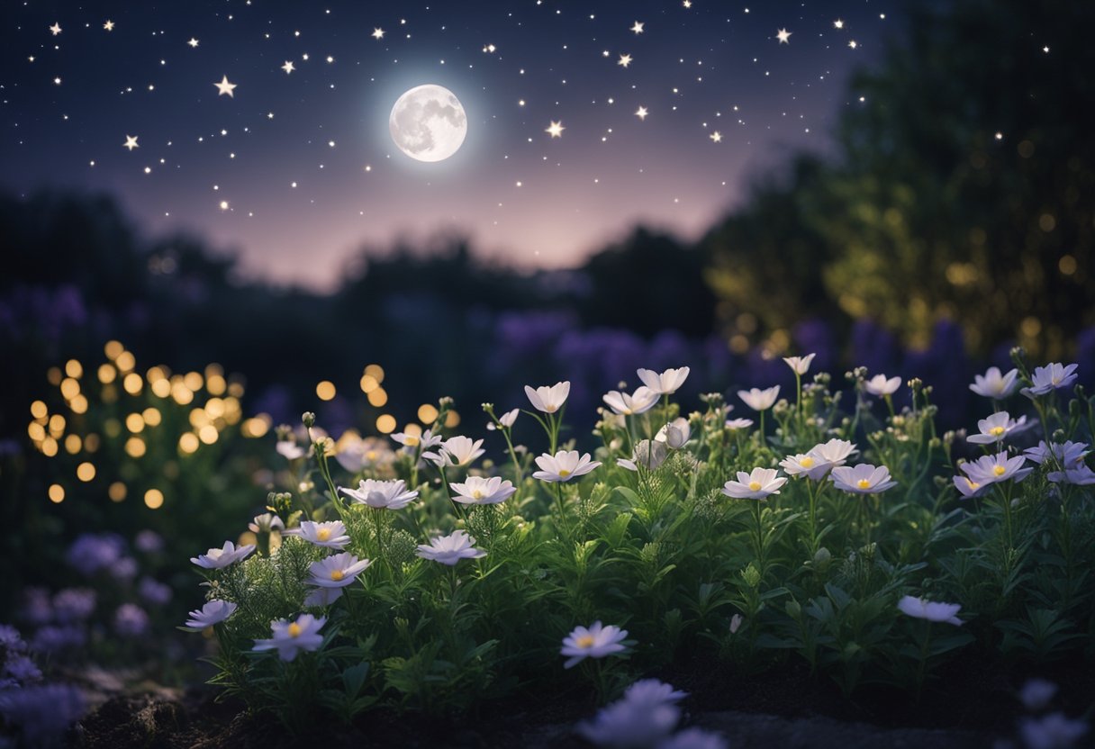 A serene moonlit garden with blooming flowers and a starry sky, showcasing the natural beauty and tranquility of nighttime skin biology