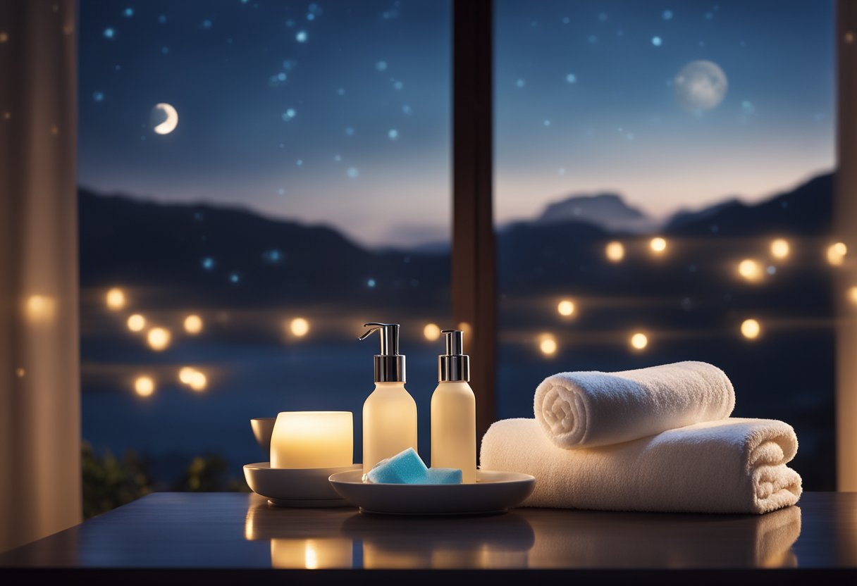 A serene nighttime scene with a moonlit sky, a glowing window, and a table set with skincare products and a soft towel