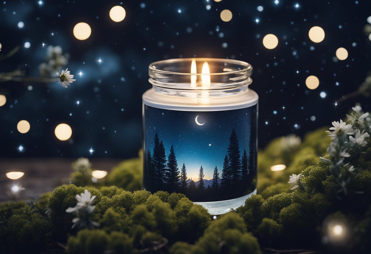 A serene moonlit landscape with a glowing jar of moisturizer surrounded by soothing botanicals and a starry night sky