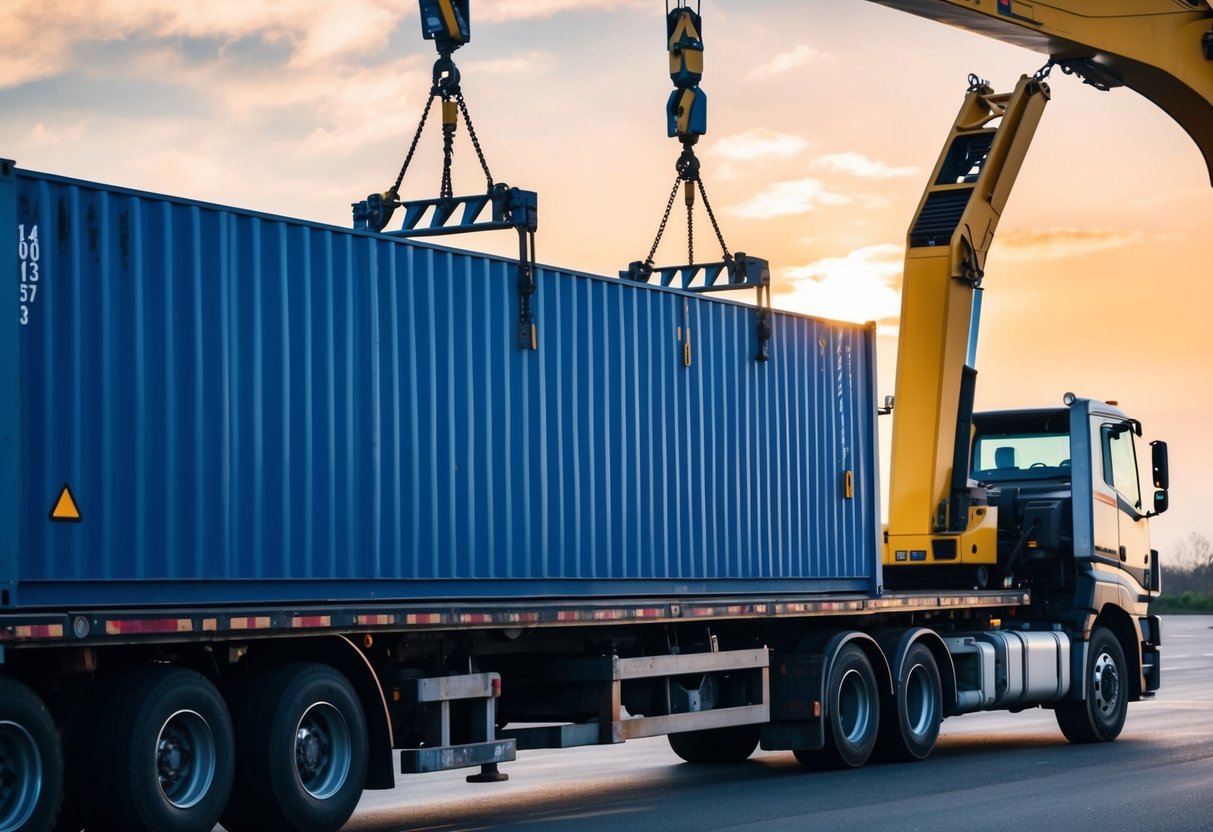 En stor container som lastas på en lastbil av en kran