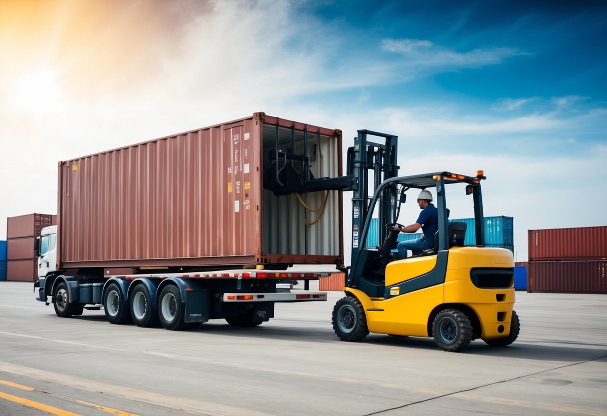 En container som lastas på en lastbil med en gaffeltruck vid en fraktgård