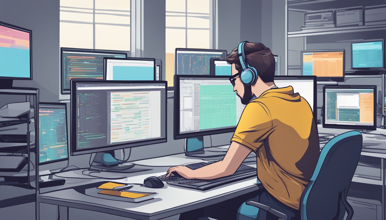 En person som sitter ved et skrivebord, omgitt av dataskjermer og kodingutstyr, og arbeider med webutvikling