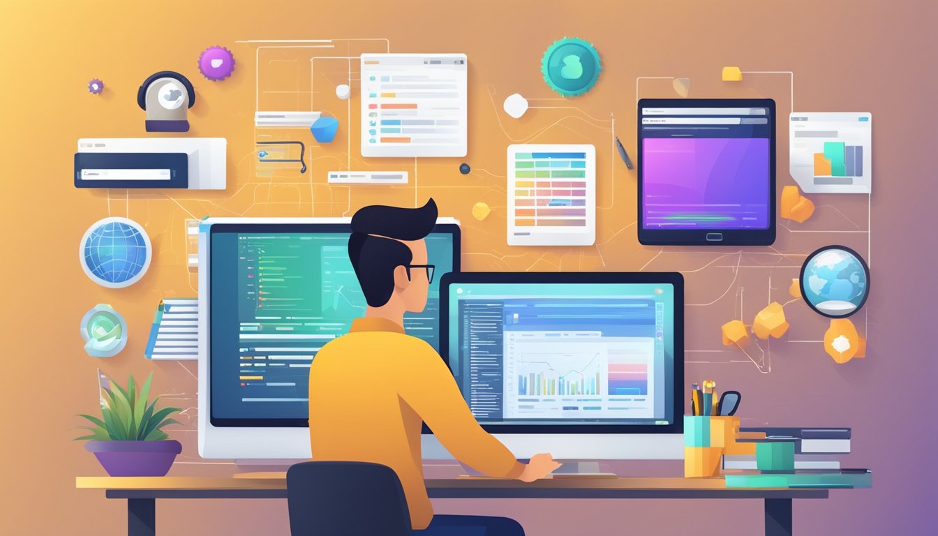 En webutvikler som jobber med front-end utvikling, koding og design av et nettstedgrensesnitt med en datamaskin og forskjellige programvareverktøy
