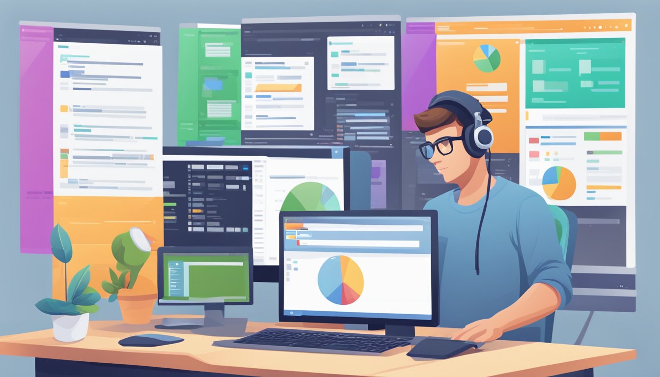 En webutvikler som bruker versjonskontrollprogramvare på en datamaskin, med flere kodefiler åpne og et nettleservindu som viser en nettside