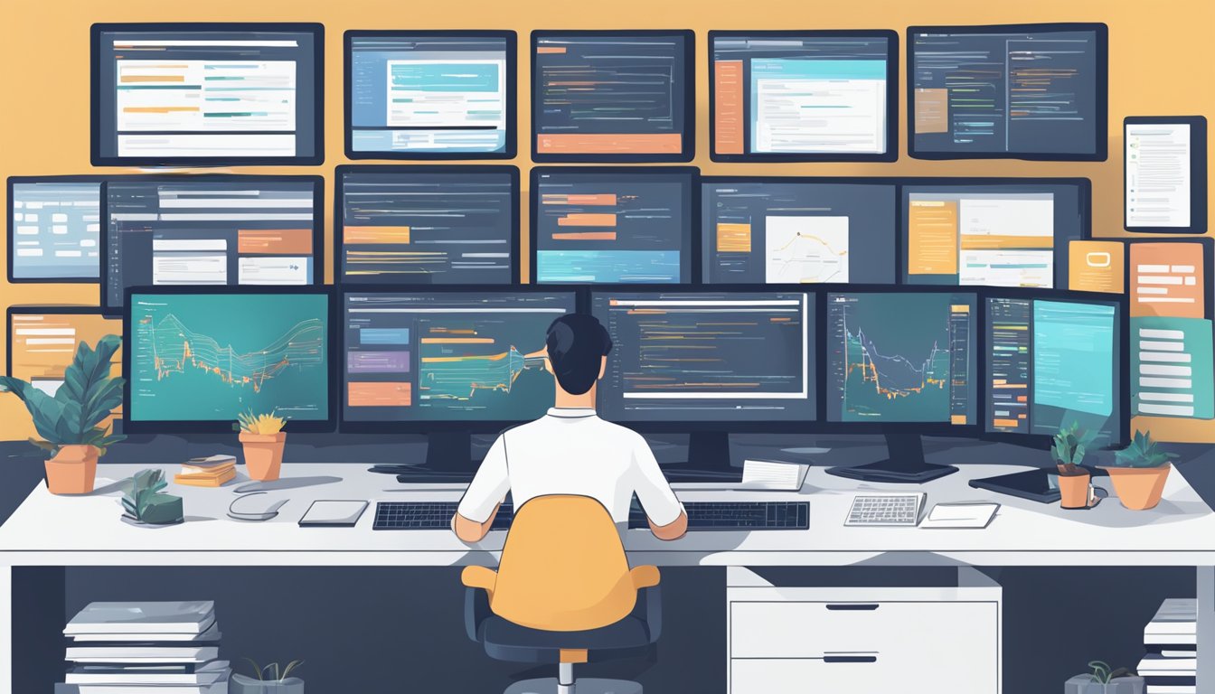 En webutvikler som jobber med programmeringsparadigmer, omgitt av dataskjermer og kodesnutter