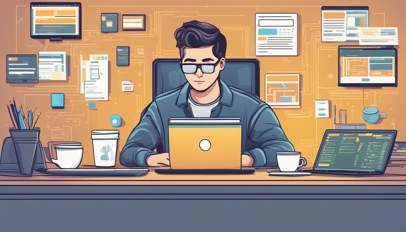 En webutvikler som skriver på en bærbar datamaskin, omringet av dataskjermer og kode, med en kopp kaffe på skrivebordet