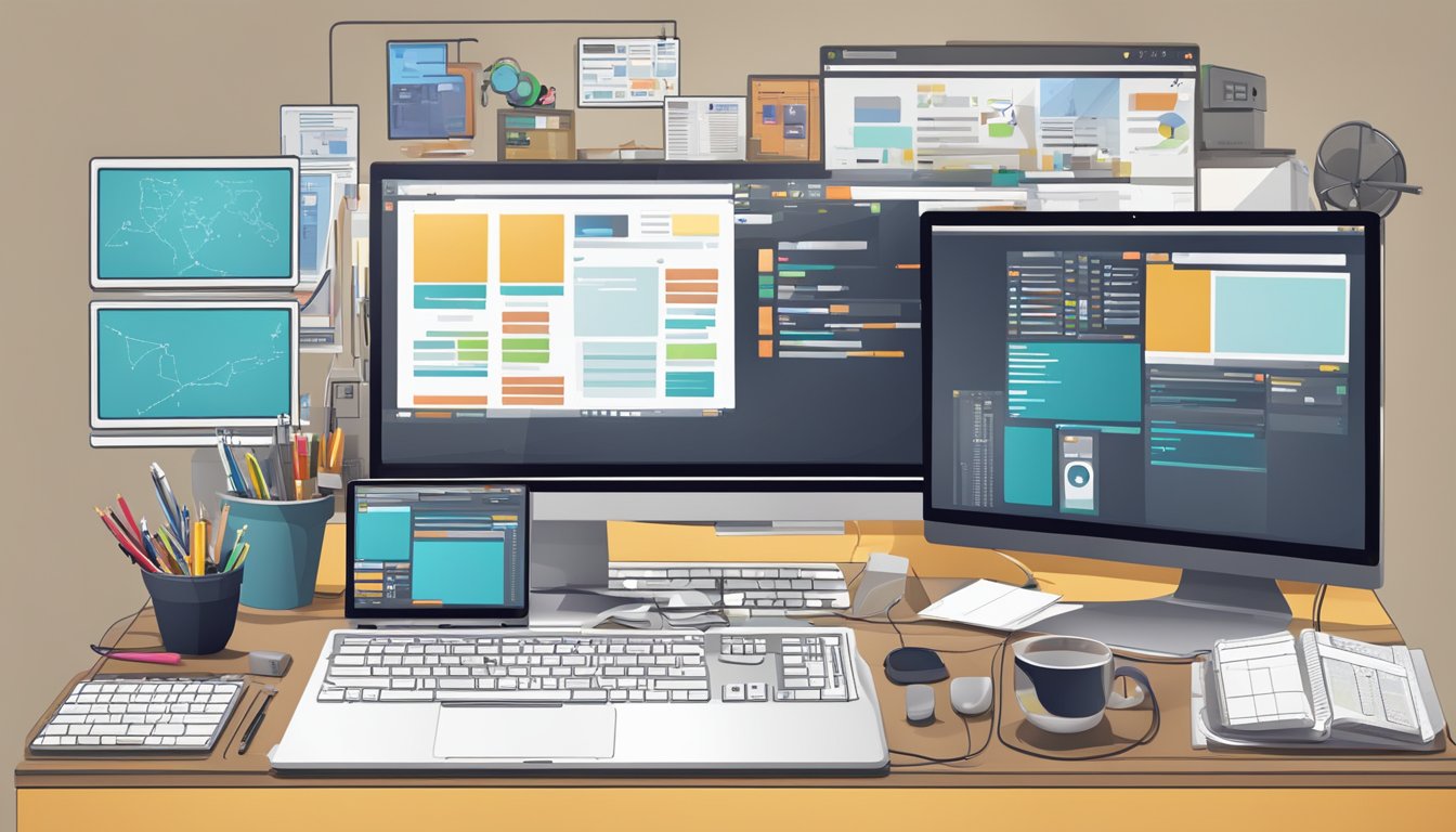Et rotete skrivebord med en datamaskin, tastatur, mus og ulike verktøy og programvare for webutvikling åpnet på skjermen