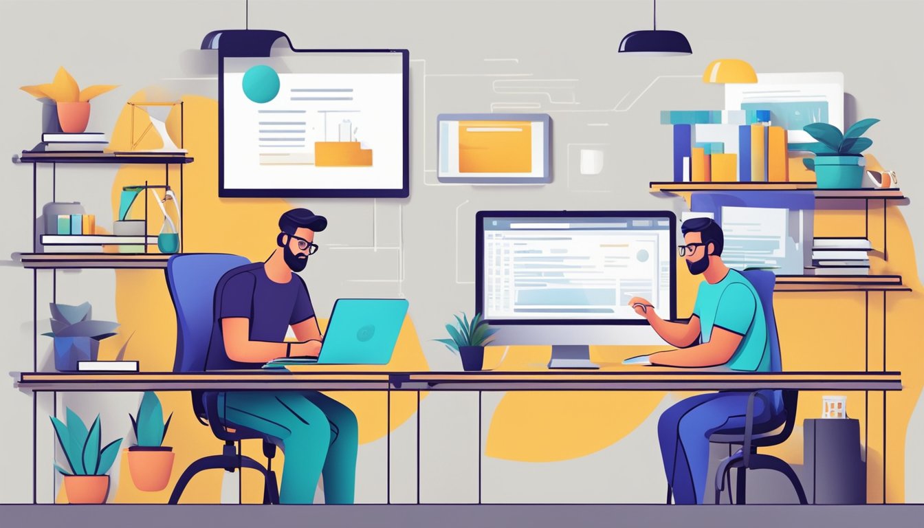 En webutvikler og en designer samarbeider om et prosjekt, utveksler ideer og jobber sammen for å lage en nettside.