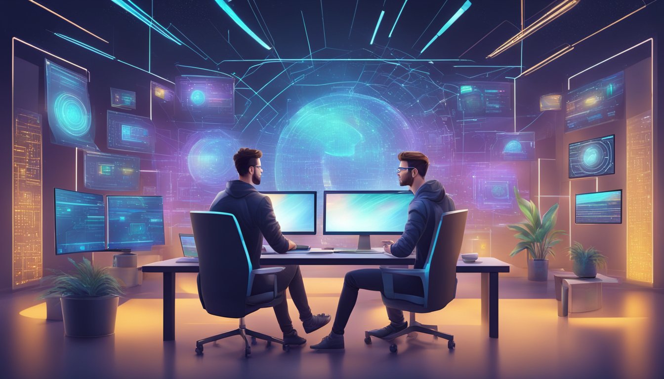 En futuristisk nettutvikler omgitt av holografiske skjermer og avansert teknologi