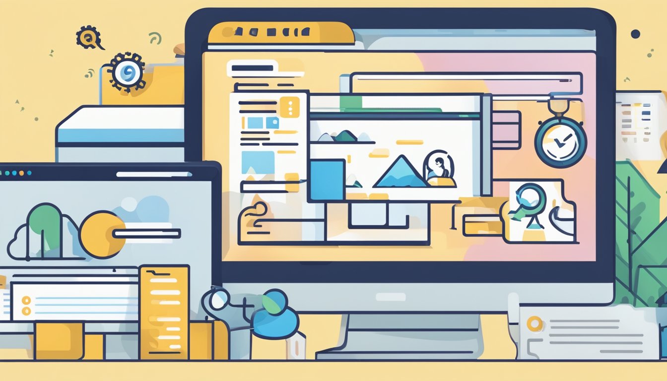 En dataskjerm som viser en nettside med en overskrift "Ofte stilte spørsmål" omgitt av ikoner og tekstbokser