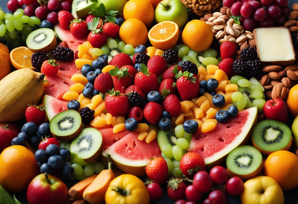 A vibrant array of colorful fruits, vegetables, and nuts surrounded by a halo of processed and sugary foods, representing the contrast between beneficial and harmful options for clear skin