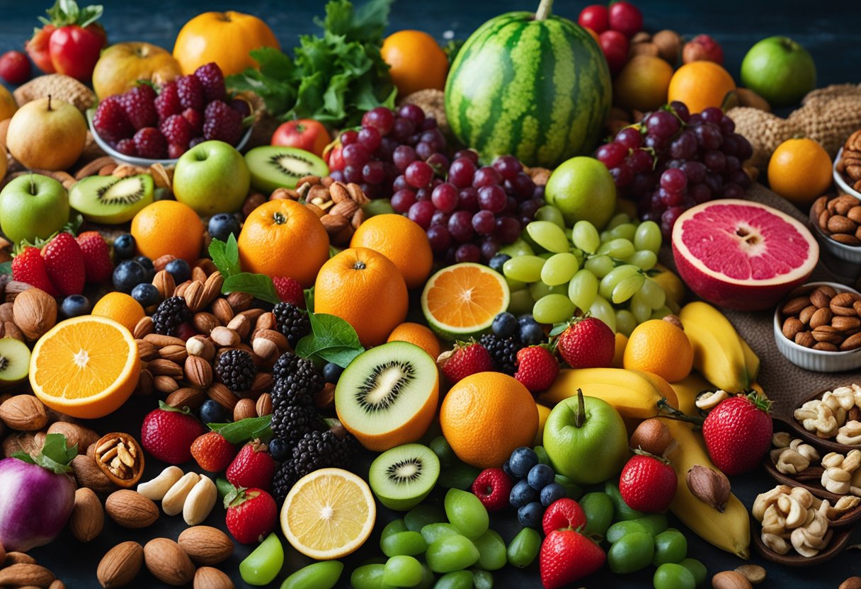 A vibrant assortment of colorful fruits, vegetables, and nuts arranged on a table, surrounded by discarded junk food wrappers and sugary drinks