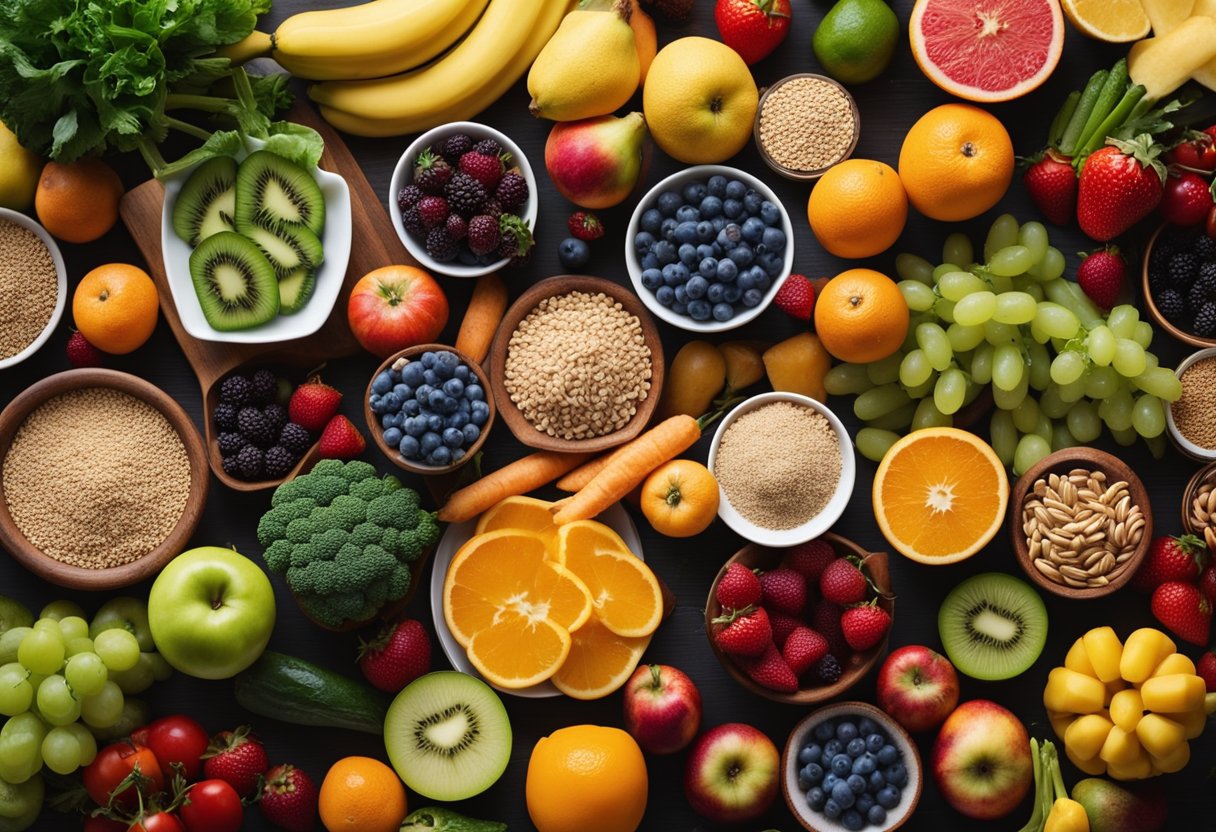 A vibrant array of colorful fruits, vegetables, and whole grains arranged on a table, with a variety of healthy foods on one side and unhealthy foods on the other